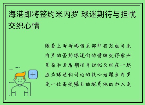 海港即将签约米内罗 球迷期待与担忧交织心情