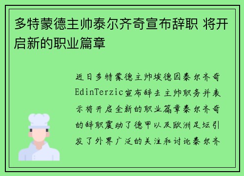 多特蒙德主帅泰尔齐奇宣布辞职 将开启新的职业篇章 多特蒙德主帅泰尔齐奇宣布辞职 将开启新的职业篇章
